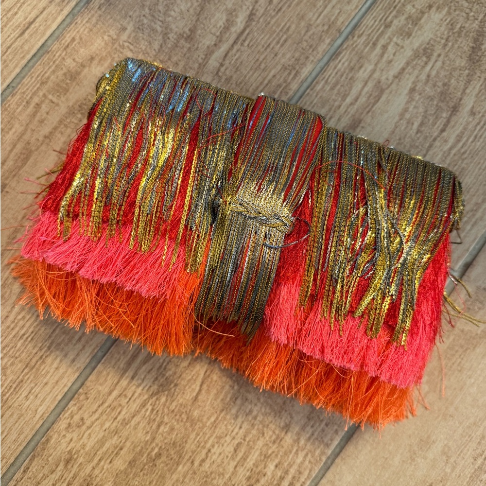 Vibrant Pink and Orange Fringe Clutch